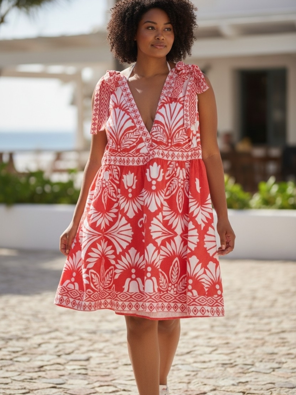 Red & White Floral Tie-Shoulder V-Neck Sundress